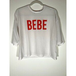 BEBE sport white mesh short slv oversized pink logo shirt sz L retro athletic